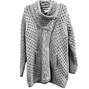 Merino Wool Cardigan Sweater Made in Ireland Aran Cable Gray L
